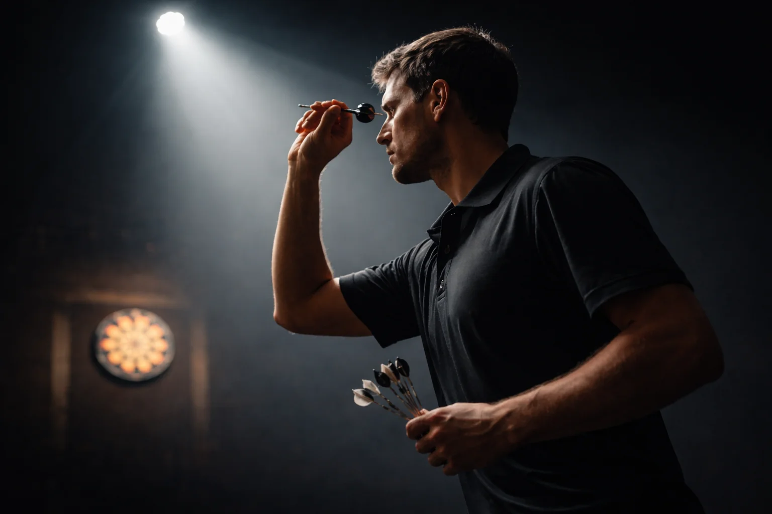 Dartspeler in volle concentratie bij de oche onder spotlight