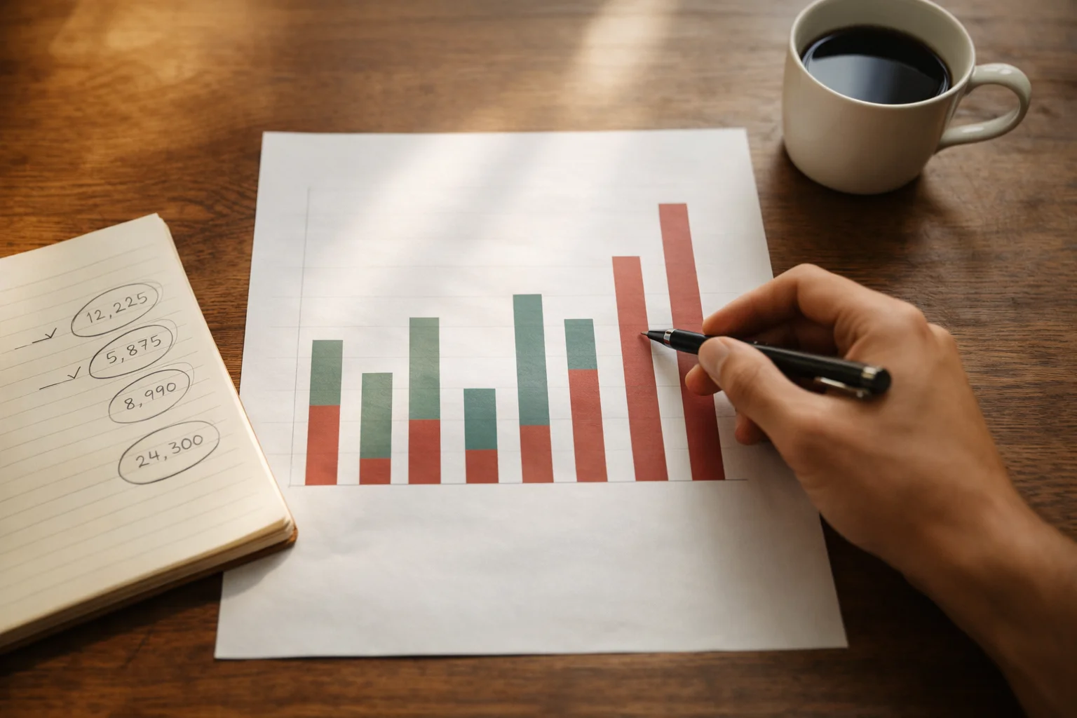 Persoon analyseert dartsstatistieken op papier met aantekeningen