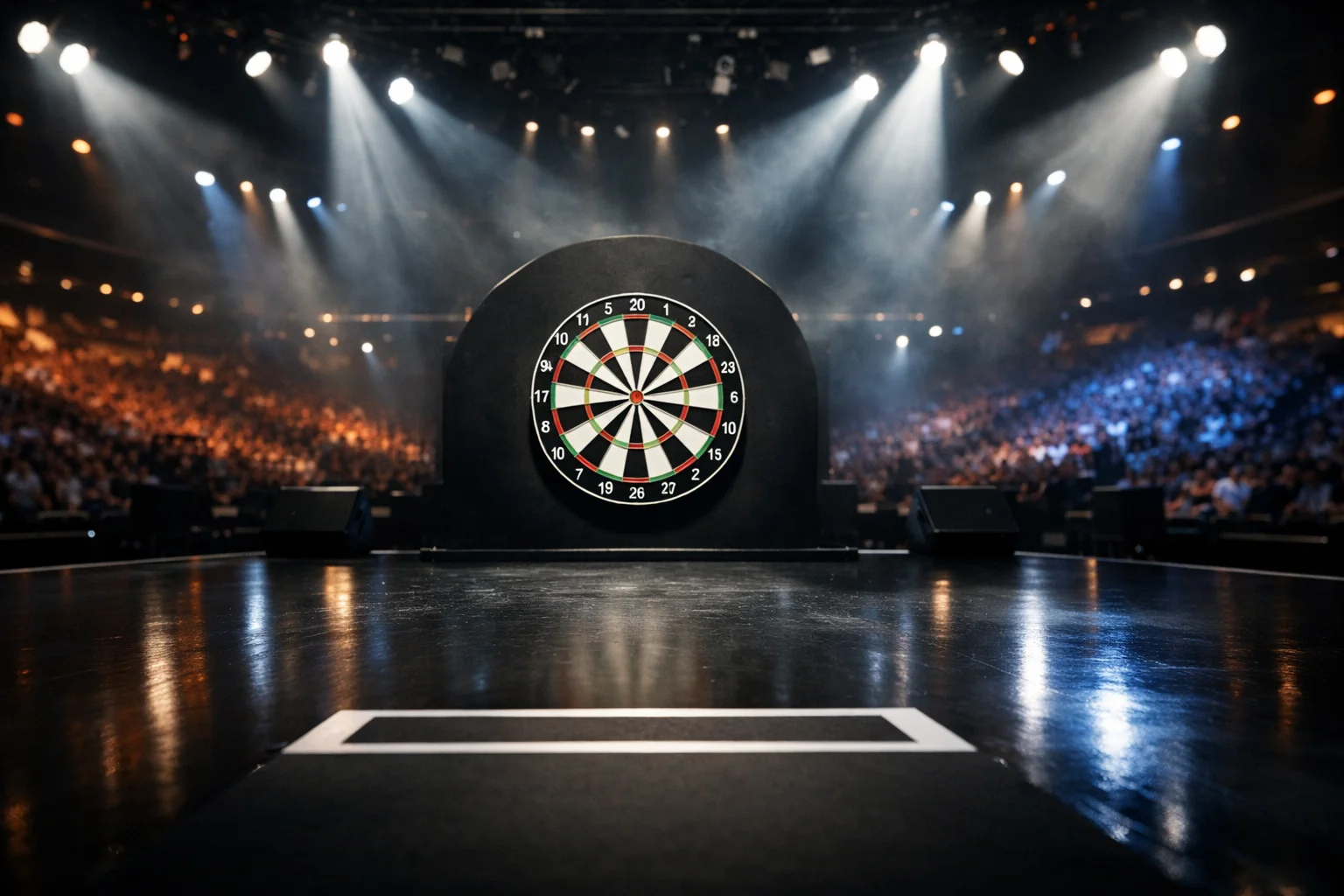Premier League Darts podium met dramatische lichtshow en publiek