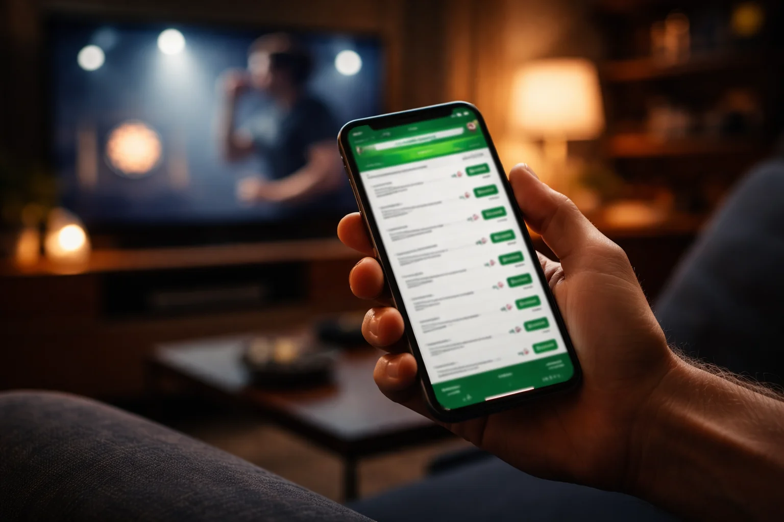 Smartphone met een live wedden-app tijdens een dartsavond